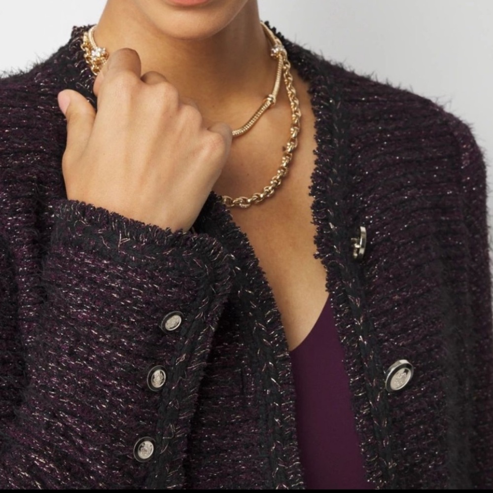 White House Black Market Metallic Tweed Sweater Jacket Plum Gold Women Size M